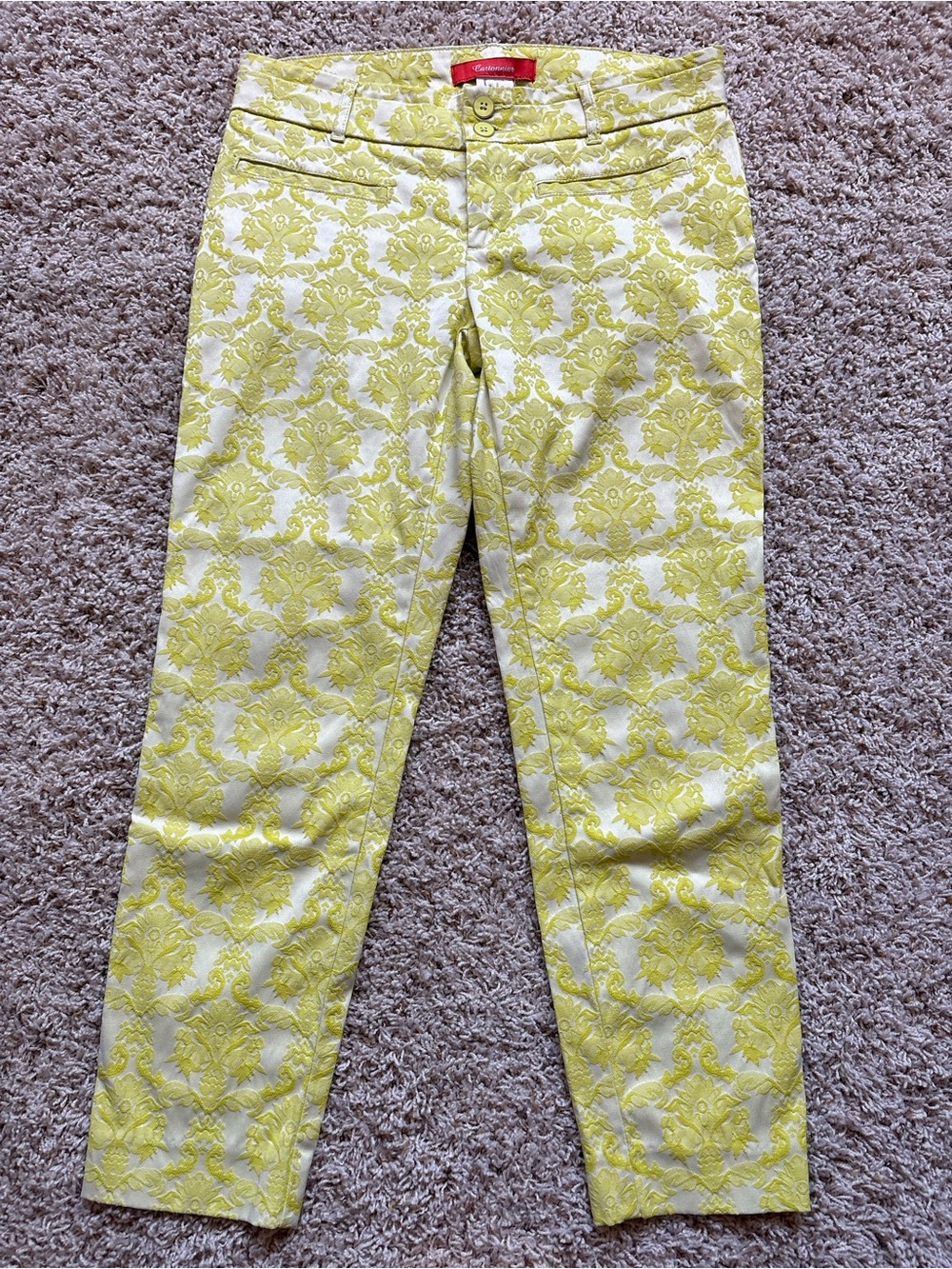 Anthropologie Cartonnier Yellow Damask Print Crop Ankle Pant Sz 6